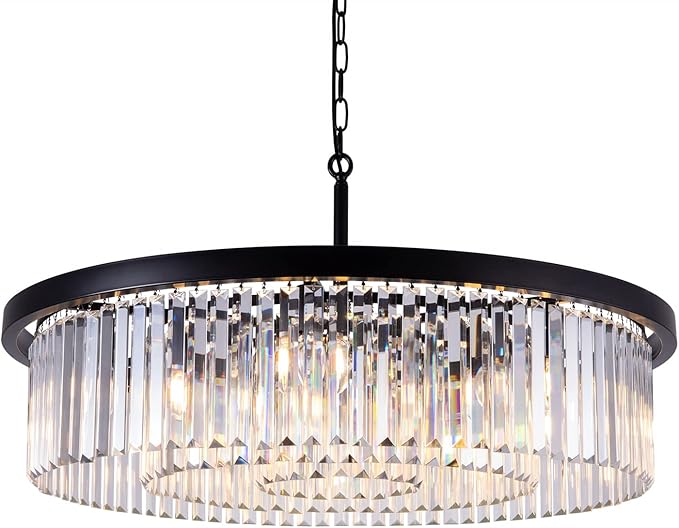 Wellmet Crystal Chandeliers for Dining Room,9 Lights Modern Black Crystal Pendant Light,Farmhouse Chandelier for Bedroom,Ceiling Lighting Fixture for Kitchen Island,Living Room,Hallway,W-33.46”