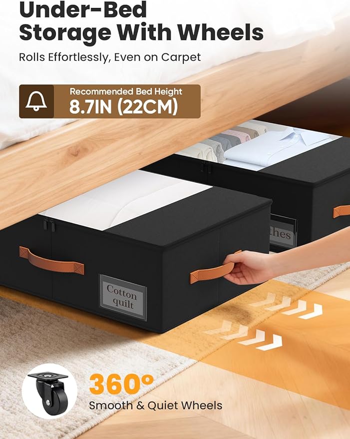 TOSKING 2-Pack Under Bed Storage Bins with Wheels and 4 Vacuum Seal Bags, Heavy Duty 80lbs Capacity, 7.9 Inch Clear Lid Organizer for Dorm Bedroom Clothes Shoes Toys, Quick Assembly Space Saver Black