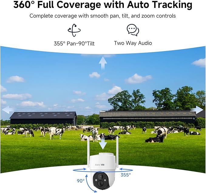 ARENTI 4G LTE Cellular Solar Security Camera Outdoor with AOV 24/7 Recording, 2K HD 10040mAh Battery 8W Solar Camera Outdoor Wireless 360° PTZ Motion Alerts Two-Way Audio IP65, Compatible with Alexa