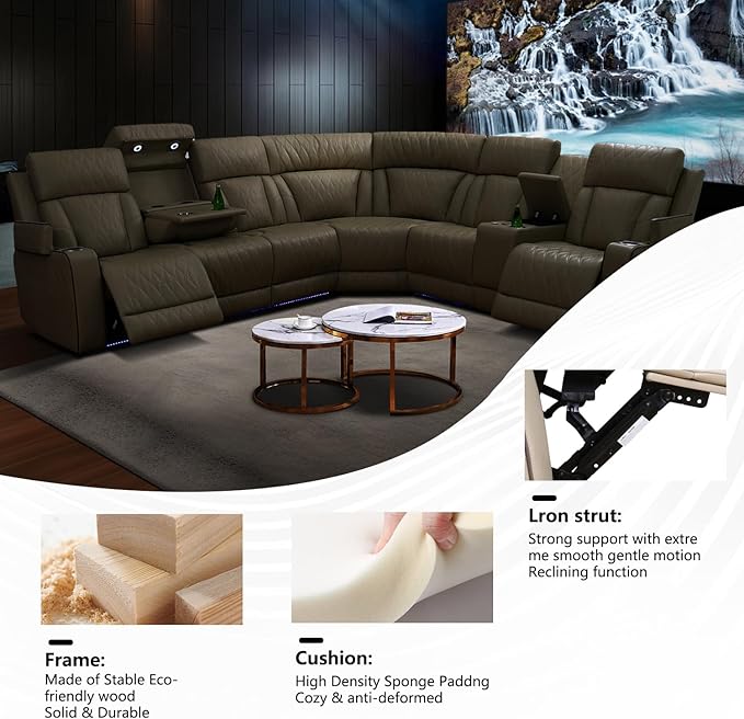 Power Recliner Sectional Sofa with LED Lighting, Breathing Leather Corner Couch with USB Port and Storage Console, Cup Holders, Reading Light – Home Theater & Living Room Seating (Beige)