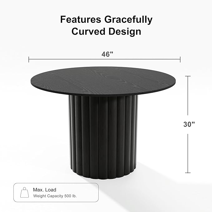 Casaphoria 46" Round Dining Table, Modern Wood Kitchen Table with Wide Column Pedestal Base for Living Room & Dining Room, Easy Assembly Farmhouse Furniture for 4-6, Black