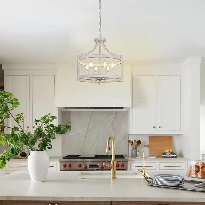 6-Light Farmhouse Chandelier, 19.3'' Vintage Chandeliers for Dining Room, Antique White Semi Flush Mount Ceiling Light, Rustic Metal Hanging Pendant Light Fixture for Entryway Foyer Hallway