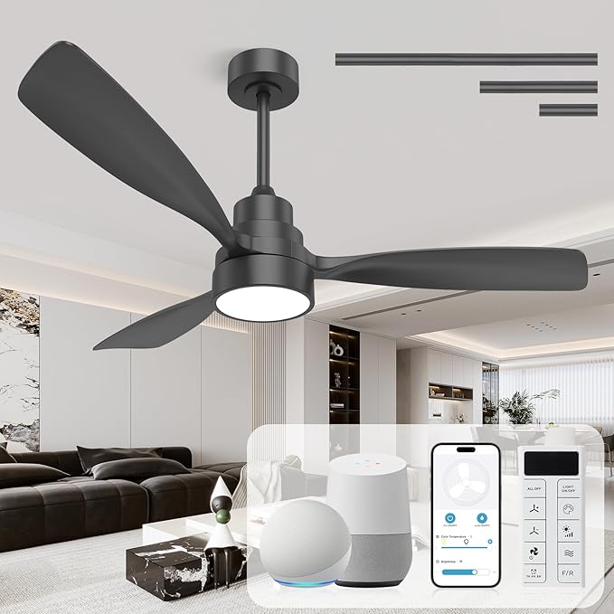 CACI Mall 48 inch Smart Ceiling Fans with Lights, Black, Low Profile, Modern, 3 Blades, Solid Wood, Remote Control, Work with Alexa/Google, Outdoor Indoor Ceiling Fans for Patio Living Room Bedroom