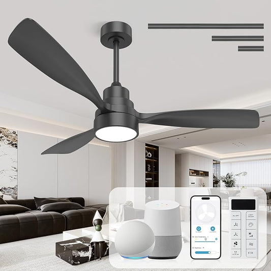 CACI Mall 48 inch Smart Ceiling Fans with Lights, Black, Low Profile, Modern, 3 Blades, Solid Wood, Remote Control, Work with Alexa/Google, Outdoor Indoor Ceiling Fans for Patio Living Room Bedroom