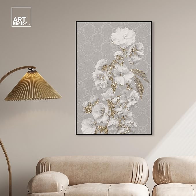 Art Remedy Floral in Classic Fashion Canvas Delicate Farmhouse Wall Art, Black Frame, 30" x 45"