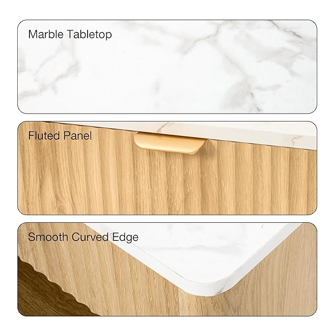 Fluted Dresser with Drawer, Modern Side Table with Faux Marble Top, Natural