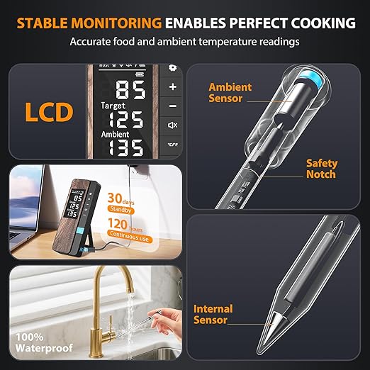 AI Smart Wireless Meat Thermometer, 10X Enhanced Signal and Stability, with High-Accuracy Sensors, Standalone Display Base, Instant Read LCD & App Control for Kitchen,BBQ,Oven,Grill,Air Fryer