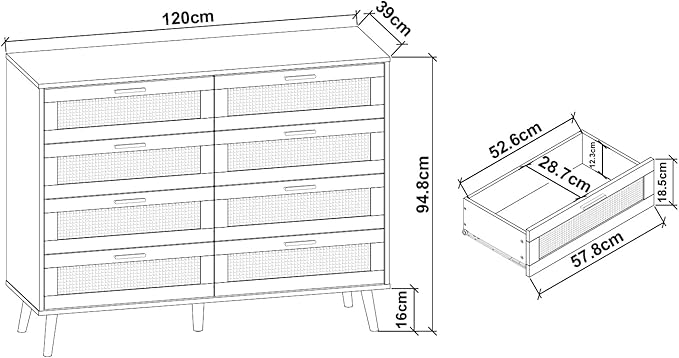 Panana 3/6/8 Drawers Dresser, Wooden Rattan Chest of Drawers with Rattan Front Spacious Storage Chest Bedside Table Nightstand Cabinet for Living Room, Closet, Hallway, Bedroom
