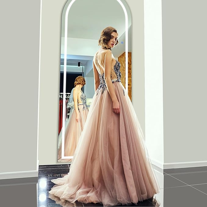 Antok LED Full Length Mirror with Light, 59"x22" Lighted Full Body Mirror with Stand, Dimmable & 3 Color Lighting Standing/Leaning/Wall Mounted Vanity Mirror for Bedroom Cloakroom Livingroom(Arched)