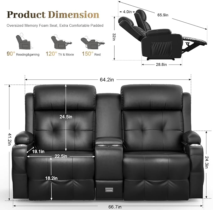 Reclining Loveseat, Massage Loveseat Recliner Sofa Heavy Weight Capacity, RV Love Seat Chair Clearance with Console, USB, Type C Port, Storage, Cup Holders, Wall Hugger Couch for Living Room