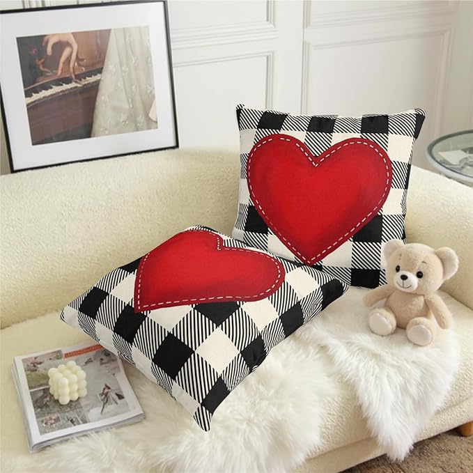 Valentines Outdoor Pillow Covers 24x24 Set of 2 Red Love Heart Throw Pillow Cover Black and White Buffalo Plaids Valentine Decorative Pillow Case for Bed Couch Sofa