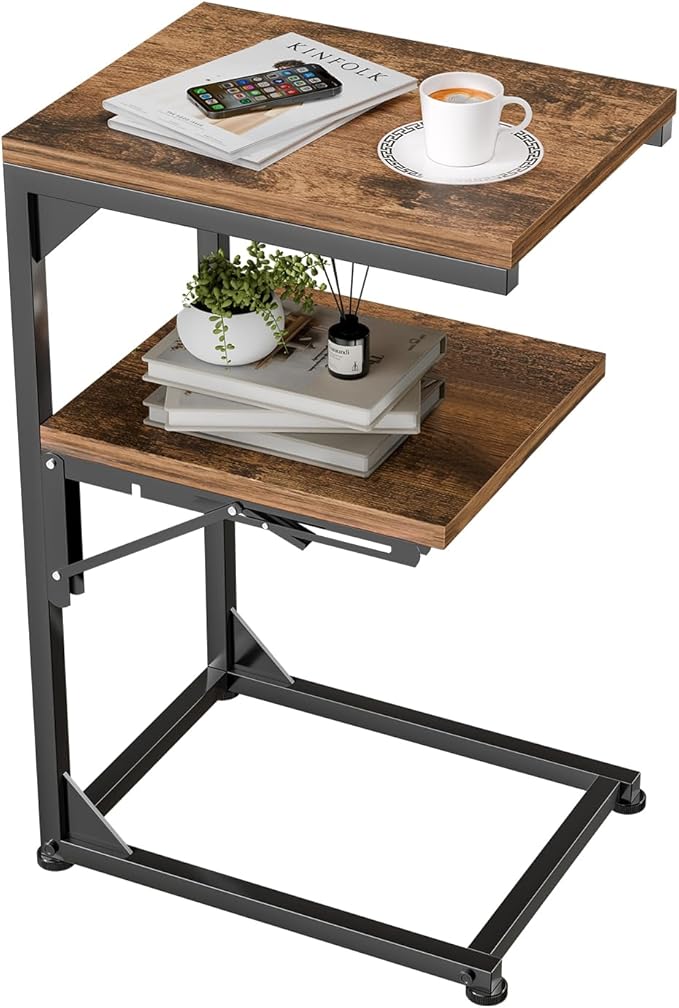 Simple Trending TV Tray Table, C Shaped End Table for Couch, Foldable Table with 2 Shelf Storage, for Sofa Bedside, Rustic Brown