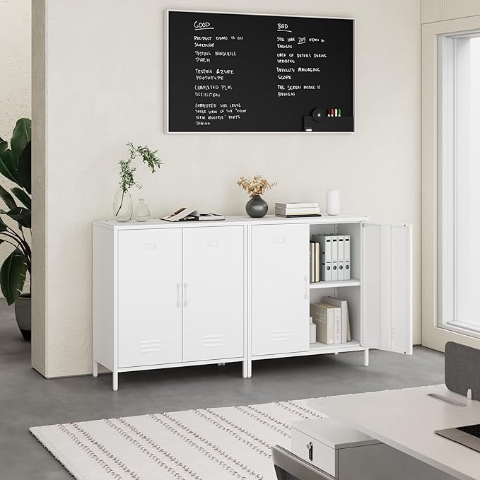 Metal Storage Cabinet with 2 Door, Steel Locker Sideboard Buffet Cabinet Console Table for Home Office (White, H35.43'')