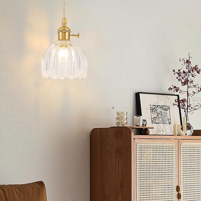 Mini Pendant Lights Kitchen island 2 Pack, Small Adjustable Pendant Light Fixture with Transparent Tulip Glass Lampshade, Vintage Gold Pendant Lighting, Pendant Light for Bedroom Dining Room Hallway