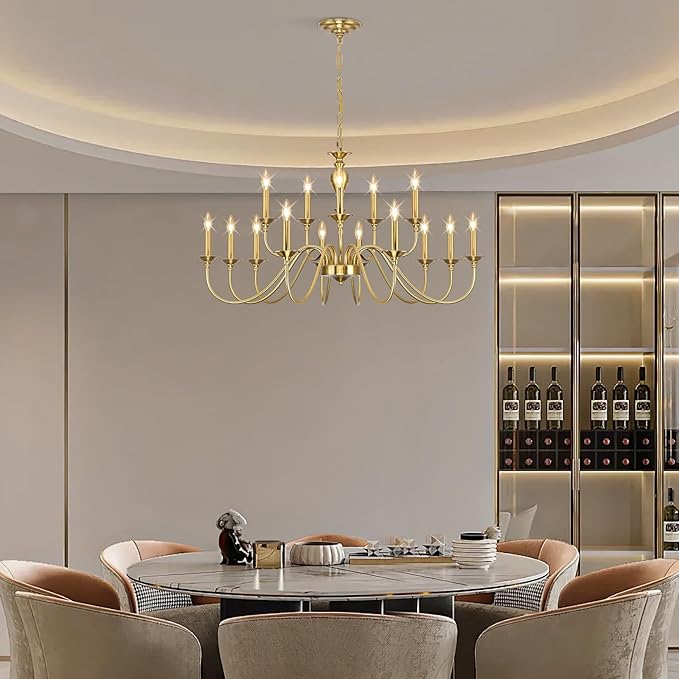 15 Light Gold Chandelier | Large Farmhouse Chandeliers for Dining Room Light Fixtures Over Table | Industrial Candle Hanging Lighting for Foyer | Staircase | Bedroom | Kitchen Island | Restaurants