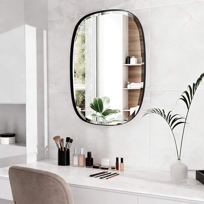 POZINO Oval Beveled Mirror Over Sink, 20"x30" Black Rectangle Mirror for Bathroom, Modern Oblong Vanity Wall Mirrors in Premium Stainless Steel Frame, Wall Mount Hangs Horizontal Or Vertical