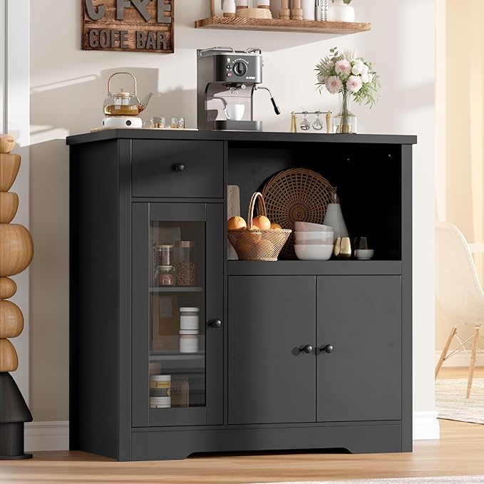 GarveeHome Kitchen Microwave Cabinet with Storage and Drawers, Modern Small Buffet Cabinet with Glass Doors and Adjustable Shelf, Wooden Sideboard with Wide Top for Dining Room, Living Room, Black