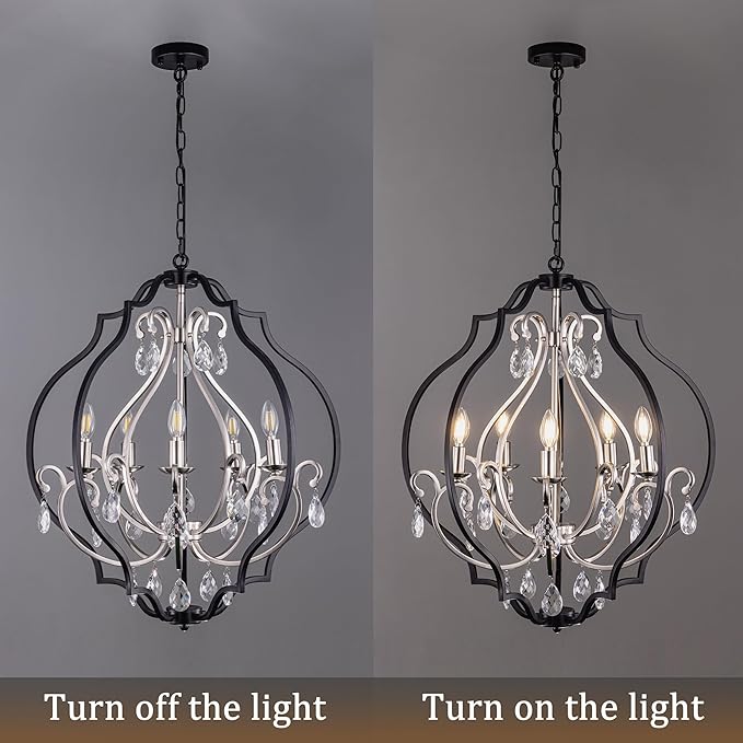 TOCHIC 5 Lights Farmhouse Chandelier, Rustic Orb Chandeliers for Dining Room, Black Crystal Chandelier Light Fixture for Living Room, Bedreoom, Hallway, Nickel, D 27"