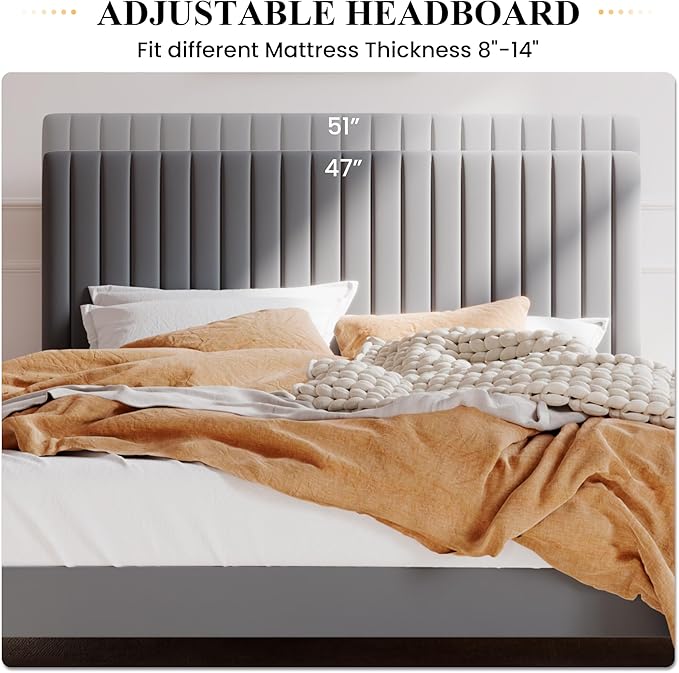 SHA CERLIN King Upholstered Platform Bed Frame with Vertical Channel Tufted Velvet Fabric Adjustable Headboard, Wooden Slats Support, Mattress Foundation, Box Spring Optional, Grey