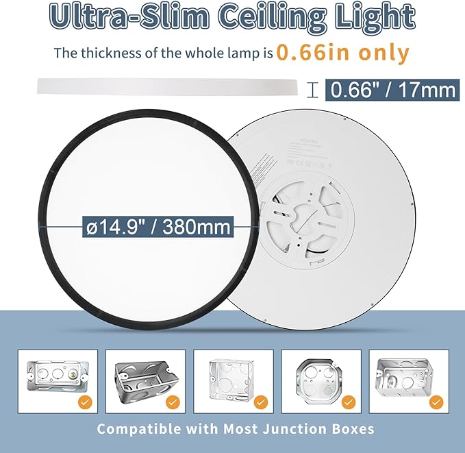 14.9 Inch 4PK LED Flush Mount Ceiling Light, ETL ,32W, 3343LM, 3000K/3500K/4000K/5000K/6500K CCT Selectable, 0.66in Ultra Thin Round Flat Panel Ceiling Light Fixture for Bedroom, Kitchen, (Black)