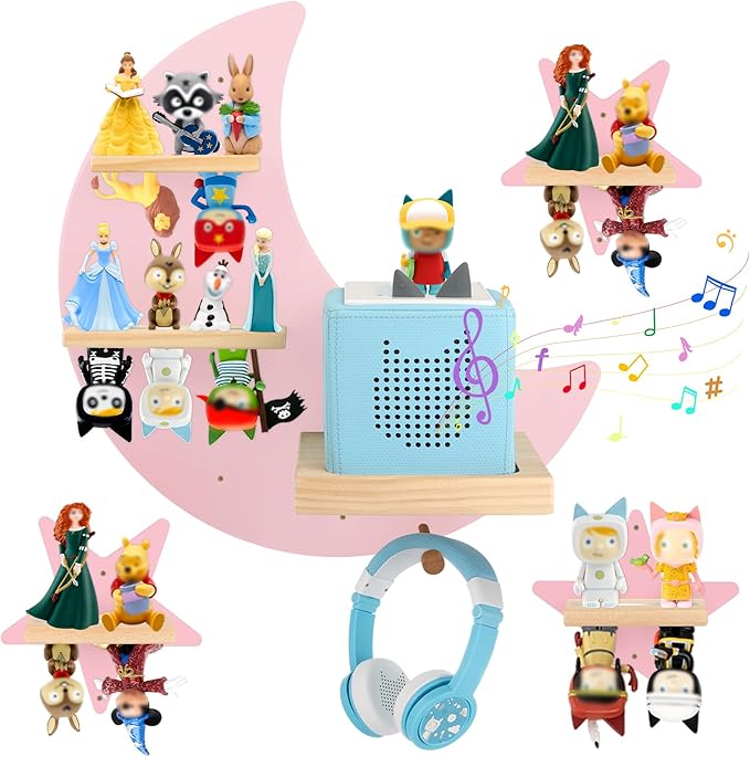 Moon + Stars for Toniebox 1/2 Tonies Figures Organizer Storage Shelf Wall Mounted, Magnetic Floating Shelves for Toniebox Player, Characters, Earphones, Display Collection 20~30 Characters (Pink)