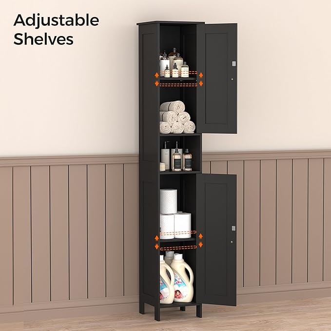 Tall Bathroom Storage Cabinet with 2 Doors, 67"H Narrow Storage Cabinet with Adjustable Shelves& Anti-Tip Design, Reversible Door Installation, Easy Assembly, 11.8 x 11.8 x 66.9 Inches, Black