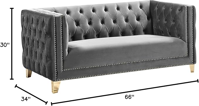 Meridian Furniture 652Grey-L Michelle Collection Modern | Contemporary Loveseat with Deep Button Tufting, Gold Nailhead Trim and Sturdy Gold Iron Legs, Grey Velvet, 66" W x 34" D x 30" H