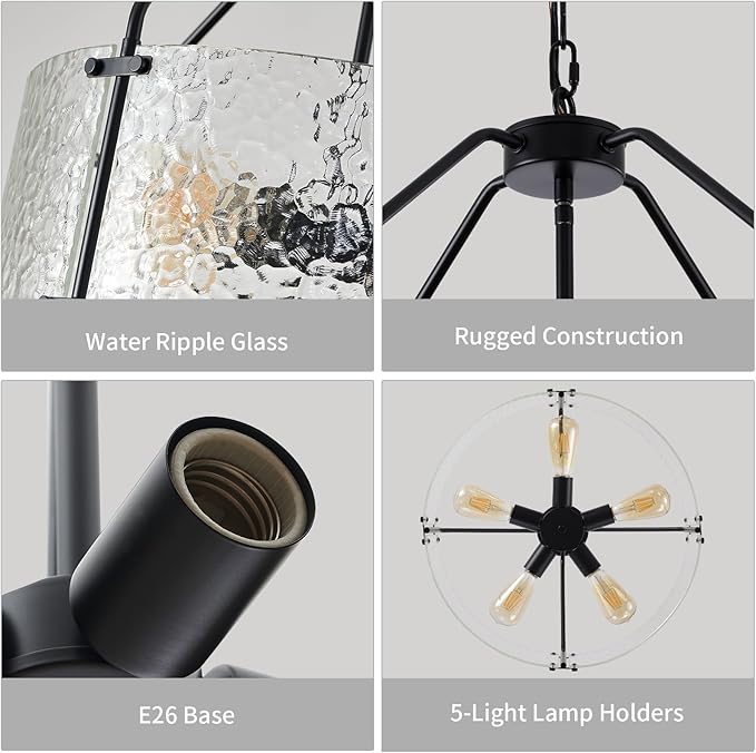 Glass Drum Chandelier for Dining Room 20'' Entryway Light Fixture 5-Light Kitchen Chandeliers Over Table Bedroom Light Fixture for Living Room Hallway Foyer Kitchen
