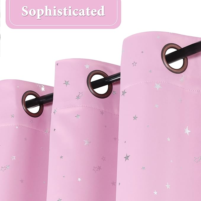 H.VERSAILTEX Blackout Star Curtains for Kids Room Boys Girls Twinkle Silver Stars Full Light Blocking Cute Thick Soft Curtain Drapes, Grommet Top, 2 Panels, 52" W x 63" L, Pink