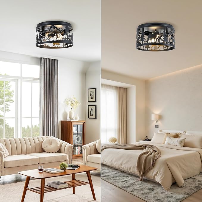 Farmhouse Rustic Ceiling Light Fixtures - Deer & Horse Design, 2-Light E26 Round Metal Fixture for Kitchen, Bedroom, Foyer, Entryway, Lodge (Bulbs Not Included)