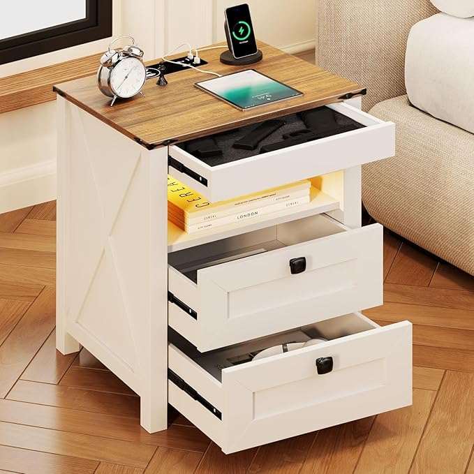 Farmhous Nightstand with Gun Drawer,Bedside Table with Charging Station, Gun Night Stand with LED Light & Human Sensor,Smart End Table for Bedroom, Antique White