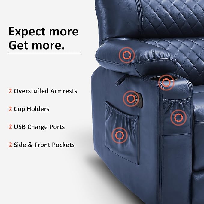 MCombo Zero Gravity Power Loveseat Recliner with Console, Heat and Vibration Massage, Reclining Loveseat Sofa with USB Ports, Cup Holders for Living Room, Faux Leather PR622Sets (Navy Blue)