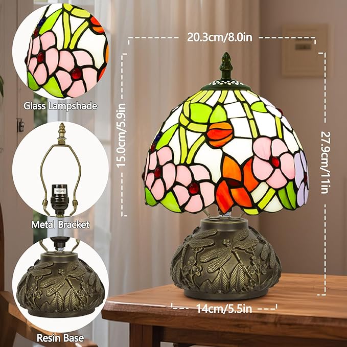 Small Tiffany Table Lamp,Stained Glass Lamp,8 Inch Mushroom Style Mini Vintage Desk Lights for Bedside, Bedroom,Nightstand,Living Room,3 Color Temperature (Four Leaf Flowers)
