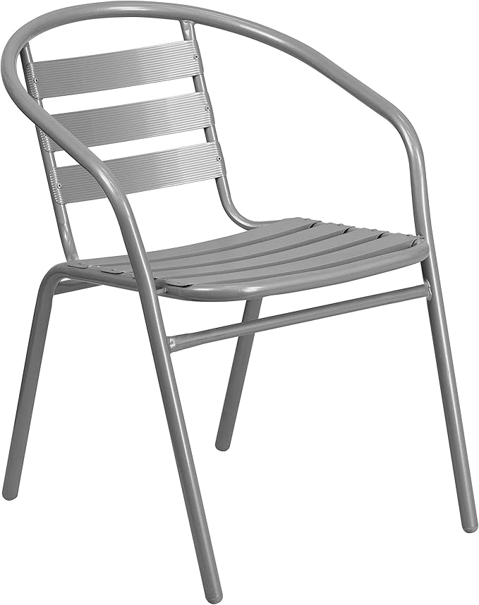Flash Furniture TLH-0732SQ-017CSV4-GG Lila 31.5'' Square Glass Table with 4 Metal Aluminum Slat Stack Chairs, Silver