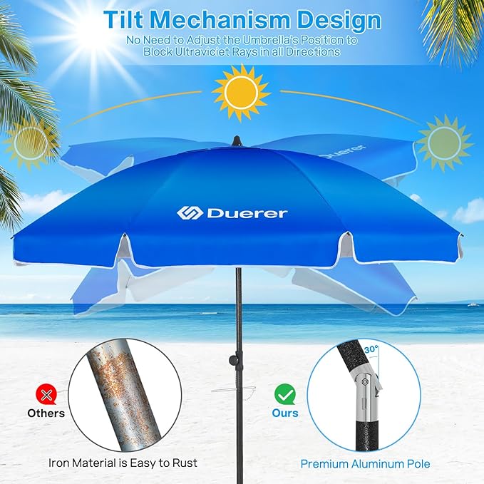 Duerer Beach Umbrellas, 7.5FT Beach Umbrella for Sand with Anchor Heavy Duty Windproof, Height Adjustable Tilt Iron Pole, Portable Beach Umbrella with Carrying Bag for Beach, Patio Garden Outdoor