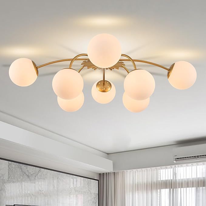 8-Light Milk Glass Pendant Light, 33" Sputnik Bubble Glass Chandelier Light Fixture, Hand Blown Semi Flush Mount Ceiling Chandeliers Lighting for Dining Room, Living Room (Gold, 8-Light Ceiling)