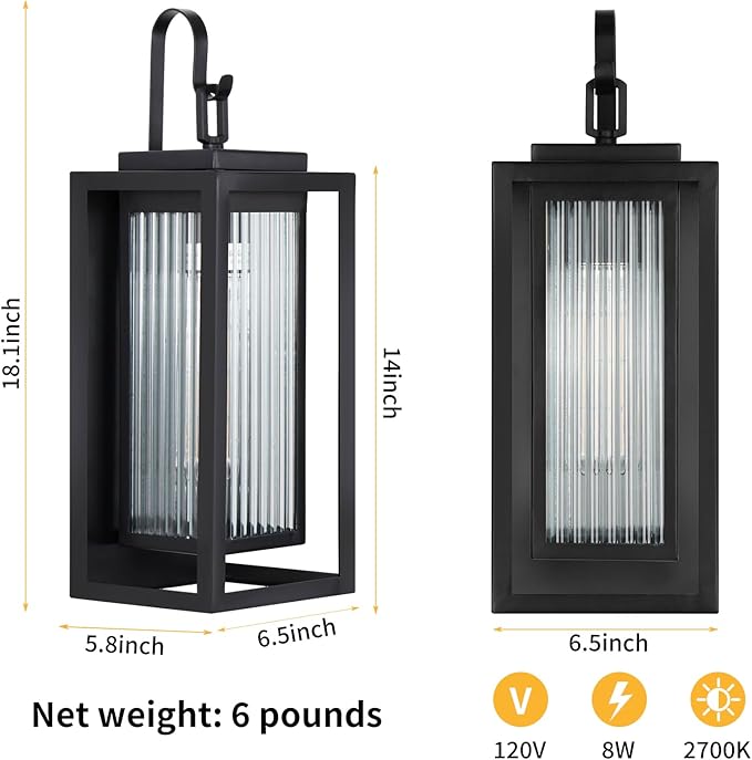 Outdoor Wall Lights for House Exterior, 18 Inch Large Black Modern Lantern with Dual Metal Frame & Textured Glass, IP65 Waterproof (Bulbs Included)