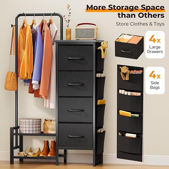 Dresser with Hanging Rack - 4 Drawers & 4 Side Bags, Fabric Chest of Drawers with with Bottom Shelves, 52" Tall Clothes Rack for Women/Kids Bedroom & Living Room - Black