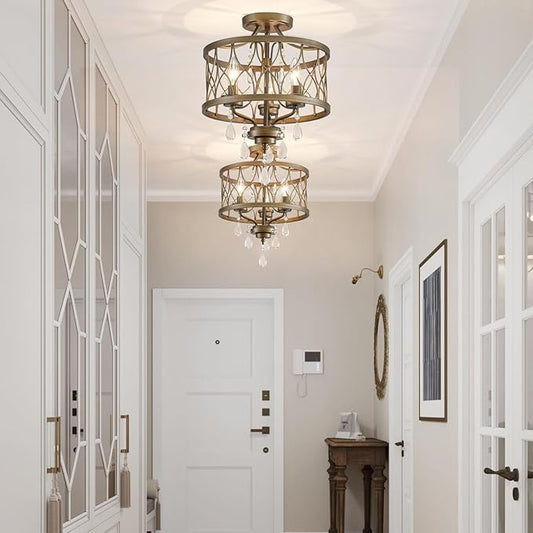 Farmhouse Crystal Ceiling Light Fixture, 3-Light Semi Flush Mount Crystal Chandelier Light Fixture Rustic Vintage Bronze Pendant Ceiling Lamp for Hallway Corridor Kitchen Entryway Bedroom Living Room