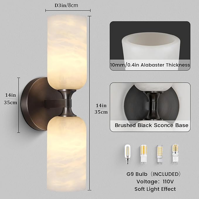 14in Modern Spanish Natural Marble Bathroom Vanity Sconces, Alabaster Wall Sconces Set of Two, Black Alabaster Sconce Wall Lighting, Black Wall Light Fixtures Decor