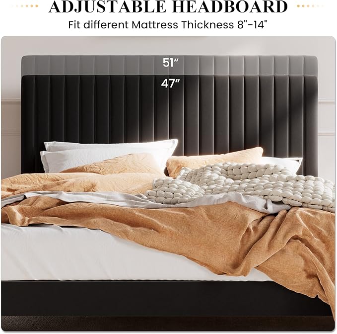 SHA CERLIN Queen Upholstered Platform Bed Frame with Adjustable Headboard/Vertical Channel Tufted Velvet Fabric/Wooden Slats Support/Mattress Foundation/Box Spring Optional/Black