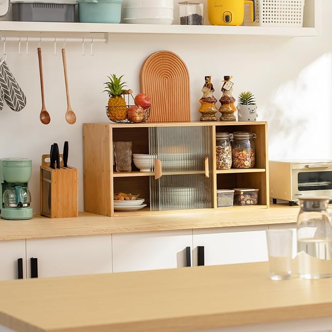Tiita Small Kitchen Pantry Cabinet, Bamboo Wall Sideboard with Glass Doors, Cupboard Food Pantry Cabinet for Kitchen, Living Room and Dinning Bedroom