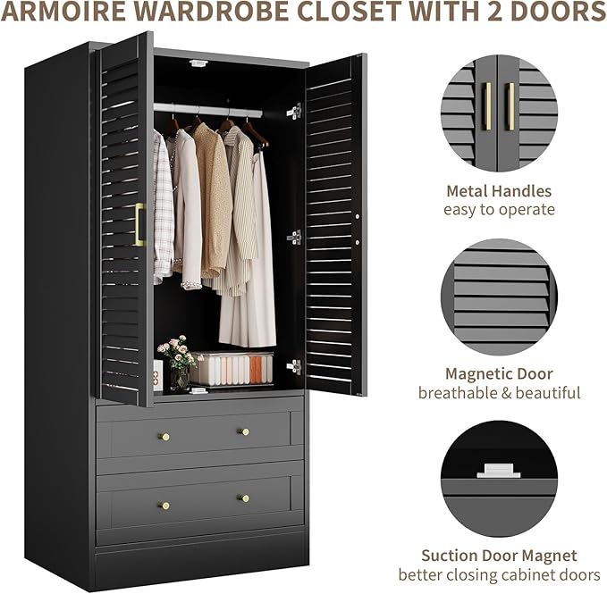 65" Louvered Armoire Wardrobe Closet, Wood Clothing Storage Cabinets with 2 Doors and 2 Drawers, Wooden Wardrobe Closet with Hanging Rod for Bedroom, Cloak Room, Laundry Room, Entrance Hall, Black
