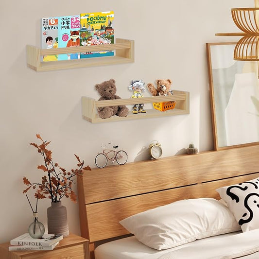 Kids Floating Shelves (Set of 4) - Wall-Mounted Book & Toy Storage, Display Ledges with Front Bar, Unfinished Natural Pine Wood for Nursery, Bedroom & Bathroom Decor (Natural Wood, 16.5")