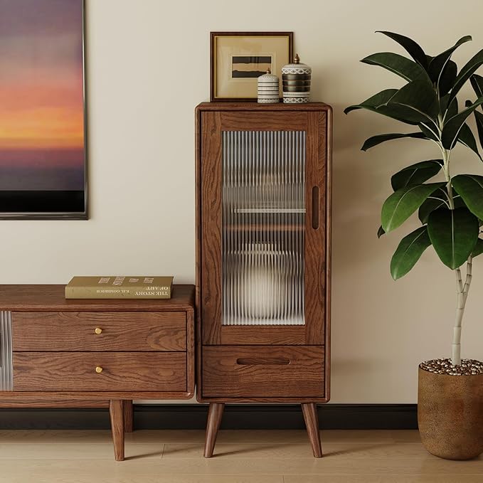 100% Solid Oak Storage Cabinet, Mid Century Modern Buffet Cabinet with Storage, Wooden Sideboard with Door and Adjustable Shelves for Living Room, Kitchen(12.6"D x 14.9"W x 39.3"H, Walnut)
