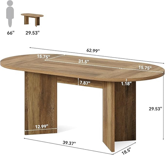 LITTLE TREE 63" Rustic Oval Dining Table for 2-4, Sturdy MDF Farmhouse Kitchen Table with Metal Strip Base, for Living Room, Office, Restaurant, Multi-Use, Umber