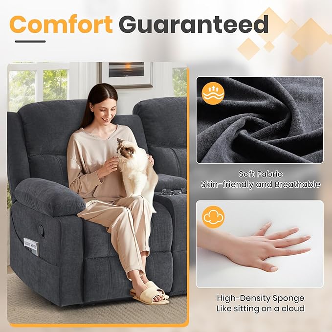 Loveseat Recliner Sofa with Massage & Heating, Reclining Loveseat with Console, RV Wall Hugger Double Loveseat Recliner Couch for Living Room & Home Theater (Chenille-Grey)