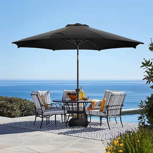 wikiwiki 9FT Patio Umbrella with Base, Outdoor Umbrellas with Base Included, 8 Sturdy Ribs, Waterproof Fade Resistant POLYESTER DTY Canopy for Deck, Lawn, Garden, Backyard & Pool, Black