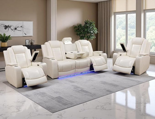 Power Recliner Sofa Set, Leather Reclining Couch & Chair Set, Living Room Furniture Sets, 3 Piece Living Room Furniture with Cup Holders/Storage/Charging for Home Theater/Office, Cream White