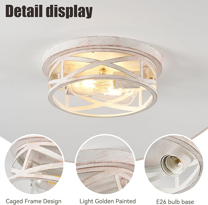 Indoor Flush Mount Ceiling Light Fixtures, 2-Light Cage Cross Close to Ceiling Mount Lights, E26 Base Vintage Hanging Lights for Kitchen Bedroom Living Room, White and Gold